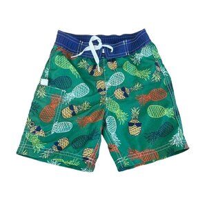 Hanna Andersson Boys Swim Trunks Shorts Sz 90 3T Green Pineapples Swimsuit